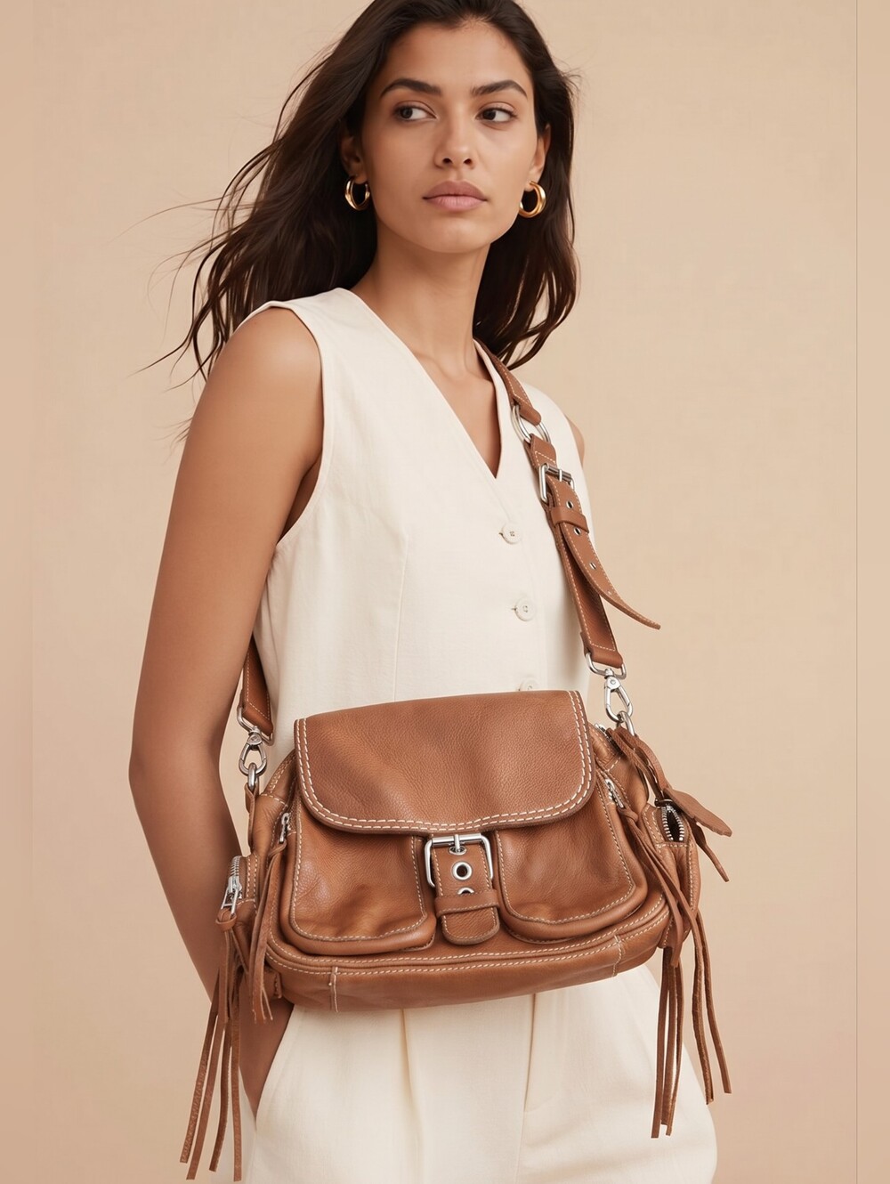 Roots Canada Genuine Tan Leather Shoulder Bag with Fringe